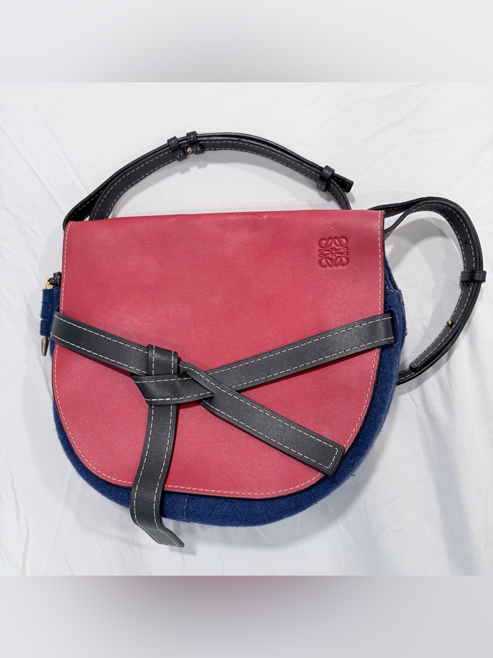 Loewe Gate Wool Felt Leather Crossbody Saddle Bag Red Blue Spain Medium
